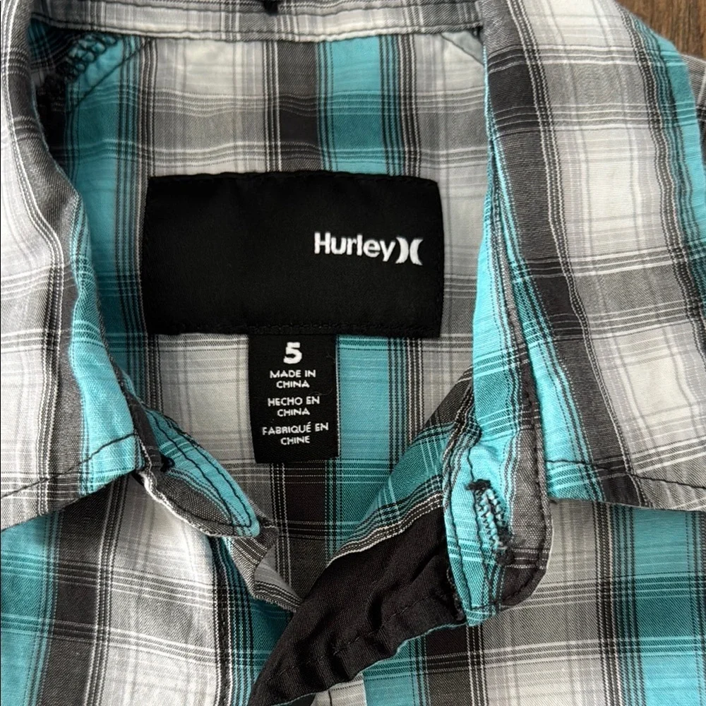 Hurley Blue and White‎ Plaid Kids short sleeve button up shirt size 5